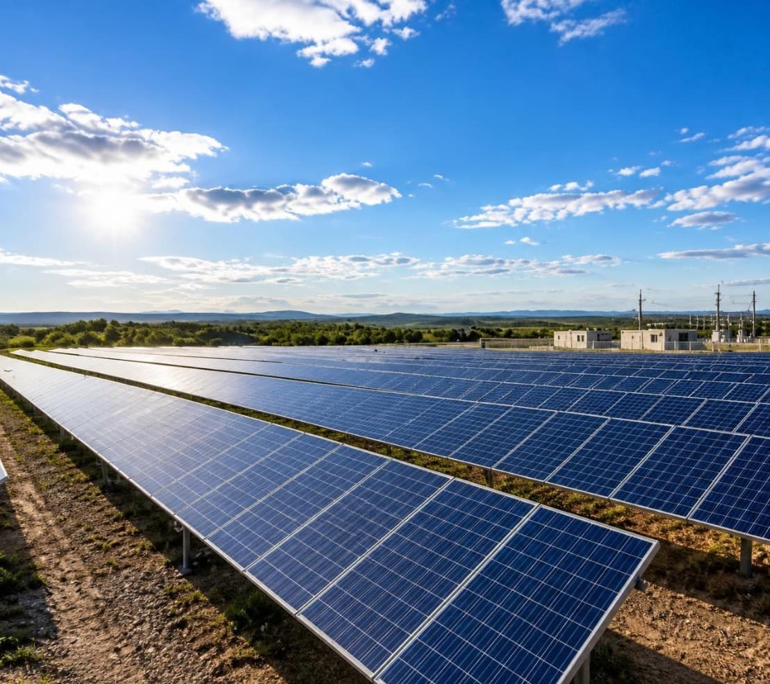 Usina solar com fileiras de painéis fotovoltaicos